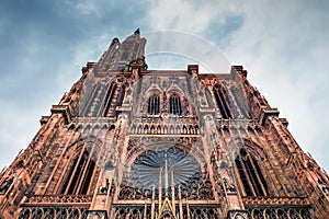 Huge tower and elegant exterior architecture of Notre dam of Strasbourg cathedral in Strasbourg, France