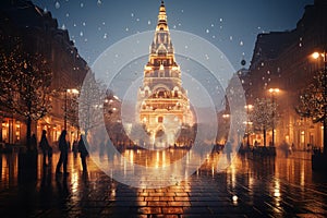 Huge tower illuminated for Christmas on the market square of a modern city. Christmas Market.