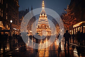 Huge tower illuminated for Christmas on the market square of a modern city. Christmas Market.