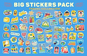 Huge Travel Vector Retro Stickers Pack. Trendy Cartoon style of 30s. Famous monuments, landmarks and sightseeings.