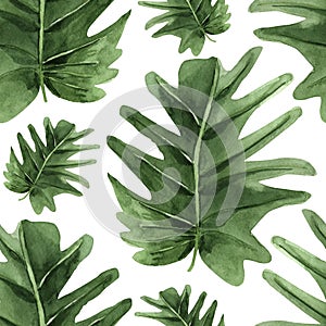 Huge tropical leaves watercolor seamless pattern