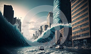 Huge tsunami destroying a city. Dramatic scenery with a big wave flooding the lanscape. Natural disaster concept art