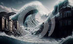 Huge tsunami destroying a city. Dramatic scenery with a big wave flooding the lanscape. Natural disaster concept art