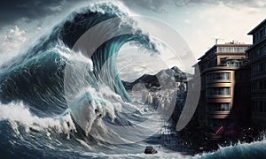 Huge tsunami destroying a city. Dramatic scenery with a big wave flooding the lanscape. Natural disaster concept art