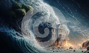 Huge tsunami destroying a city. Dramatic scenery with a big wave flooding the lanscape. Natural disaster concept art