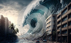 Huge tsunami destroying a city. Dramatic scenery with a big wave flooding the lanscape. Natural disaster concept art. Generative