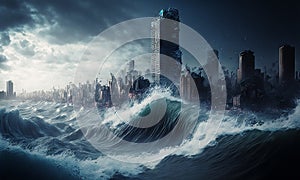 Huge tsunami destroying a city. Dramatic scenery with a big wave flooding the lanscape. Natural disaster concept art. Generative