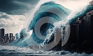 Huge tsunami destroying a city. Dramatic scenery with a big wave flooding the lanscape. Natural disaster concept art. Generative