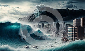 Huge tsunami destroying a city. Dramatic scenery with a big wave flooding the lanscape. Natural disaster concept art. Generative