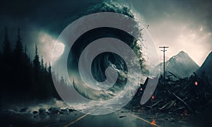 Huge tsunami destroying a city. Dramatic scenery with a big wave flooding the lanscape. Natural disaster concept art. Generative