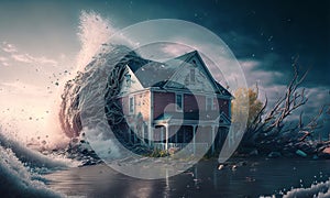 Huge tsunami destroying a house. Dramatic scenery with a big wave flooding the lanscape. Natural disaster concept art. Generative