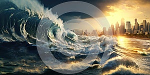 Huge tsunami wave is approaching a city with skyscrapers , concept of Natural disaster