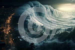 a huge tsunami wave hits the night city