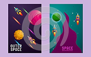 huge universe vector brochure cards. Outline outer space rocket template of flyear, magazines, posters, book cover, banners.