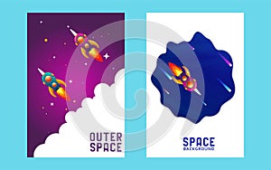 huge universe vector brochure cards. Outline outer space rocket template of flyear, magazines, posters, book cover, banners.