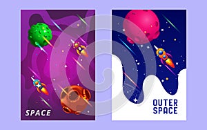 huge universe vector brochure cards. Outline outer space rocket template of flyear, magazines, posters, book cover, banners.