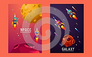 huge universe vector brochure cards. Outline outer space rocket template of flyear, magazines, posters, book cover, banners.