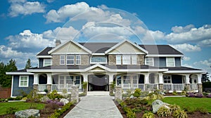 Huge Upscale Home House Maison Porch Cumulus Clouds Sky Background