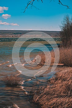 Huge waves caused by the wind on a large lake near the forest. reed beach at a dam for hydroelectric power in spring