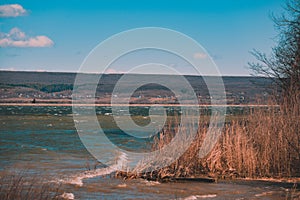 Huge waves caused by the wind on a large lake near the forest. reed beach at a dam for hydroelectric power in spring