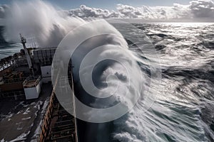 Huge Waves Crashing Against Cargo Ship. Generative AI