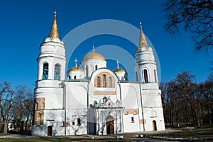 Huge white christian ortodox church in Ukraine during sunny weather at winter