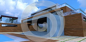 A huge white cloud against the blue sky is approaching a modern wooden house with a swimming pool. Designer concrete porch. 3d