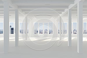 Huge white empty room with large Windows overlooking the metropolis, columns and beams in the loft style.