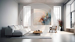 Huge white framed blank art canvas on large wall in minimal room. Generative AI