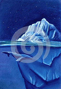 A huge white iceberg in the Arctic starry night sky. Blue whale. Painted with pastel on paper illustration