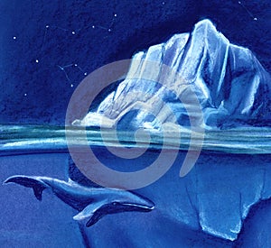 A huge white iceberg on the background of the starry night sky. Blue whale. Painted with pastel on paper illustration.
