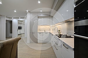 Huge white luxury kitchen in a studio apartment interior