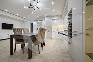 Huge white luxury kitchen in a studio apartment interior