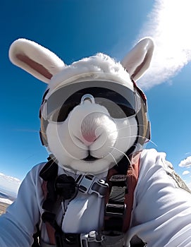 Huge white rabbit in sunglasses and harness from parachute. Bunny taking selfie with blue skies at backdrop. Generative AI