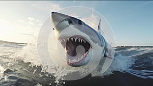 Danger zone. Dangerous waters. A huge white shark jumping out of water.