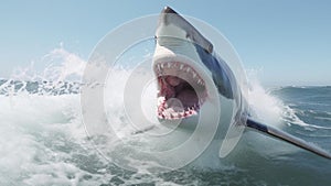 Danger zone shark. Shark zone. Dangerous waters. A huge white shark jumping out of water.