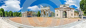 Huge wide panorama view of Arco della Pace, Porta Sempione, colorful sunny day in Milan Italy Summer Blue Sky Outdoors