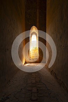 A huge window lets light into one of the temples of Bagan