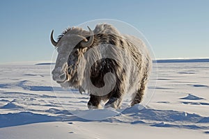 A huge woolly rhinoceros plodding through a snowcovered tundra its massive horns glinting in the winter sun.. AI