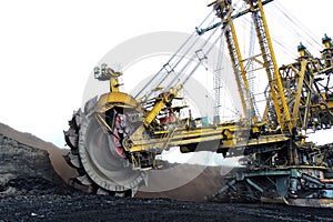 Huge yellow coal excavator in coalmine