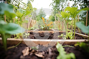 hugelkultur bed with young saplings