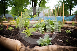 hugelkultur bed with young saplings