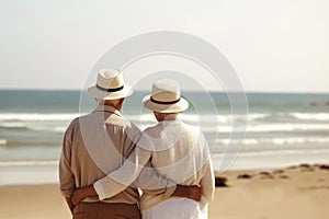 hugged senior couple on the beach. retirement travel