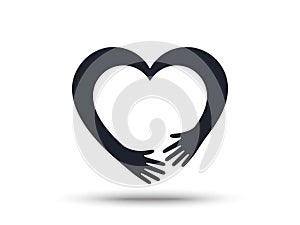 Hugging arms in shape of heart icon. Hands hugged or care hug background. Embrace of friendship. Vector illustration