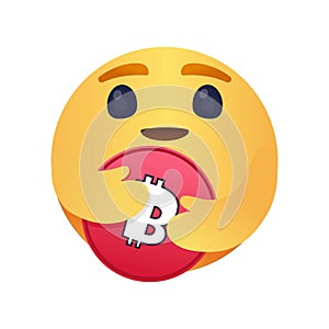 Hugging bitcoin emoji. Cryptocurrency lover. Hold on to crypto icon. Embracing money sign. Digital currency trading meme.