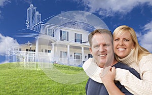 Hugging Couple with Ghosted House Drawing Behind