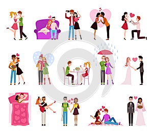 Hugging couple in love. Llifestyle of happy romantic couples, loving persons in restaurant and raining isolated vector