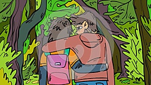 Hugging couple walk in a park back view comic cartoon animation