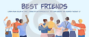 Hugging friends banner. Best friend web poster, group guys hugged people, students join to work or family union happy