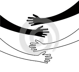 Hugging hands. Arm embrace, belief togetherness unique relationship hugged hands vector isolated concept